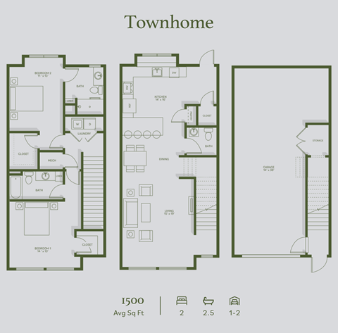 Floor plan for 2 beds, 2.5 baths, 1500 sqft